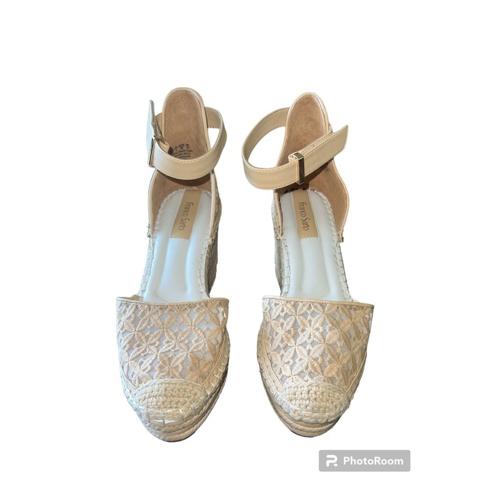 Franco Sarto Womens Beige Lace Espadrille Wedge Sandals Ankle Strap Size 7.5M